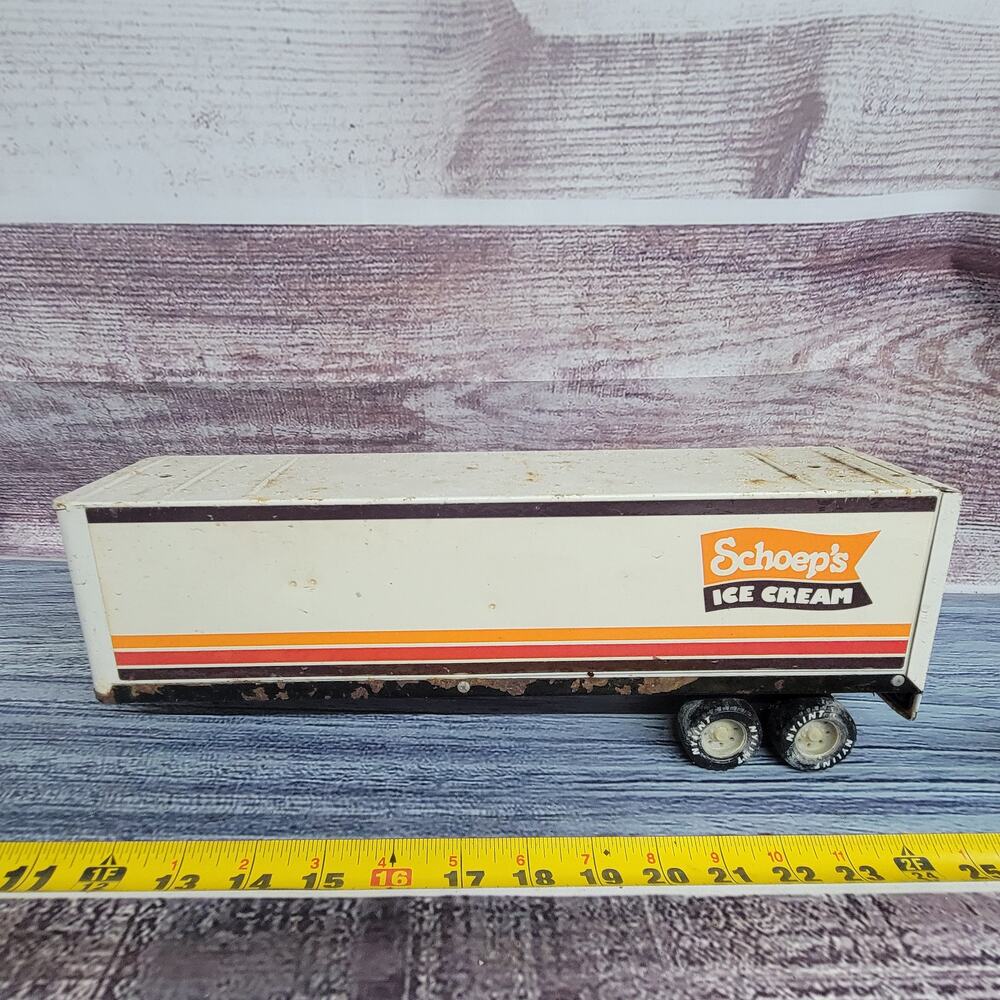 Vintage Nylint pressed steel Schoeps ice cream semi trailer white and orange